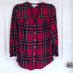 Old Navy the Tunic Shirt XS V Neck Long Sleeve Red Tartan Plaid Preppy Country